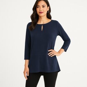 Chico’s Travelers Slinky Navy Blue Tunic Top Size 3 (16/18) Stretch Knit Keyhole